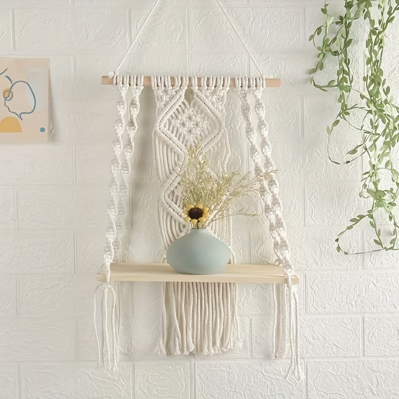 Boho Macrame Wall Shelf Wooden Hanging Storage Rack with Rope