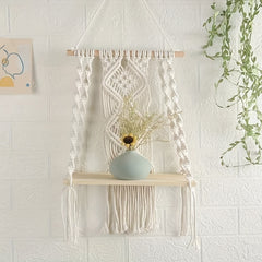 Boho Macrame Wall Shelf Wooden Hanging Storage Rack with Rope