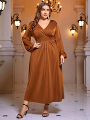 Solid Lantern Sleeve Surplice Neck Maxi Dress