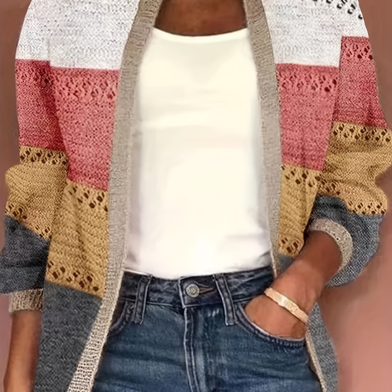  Colorblock Knitted Long Sleeve Open Front Stretch Cardigan