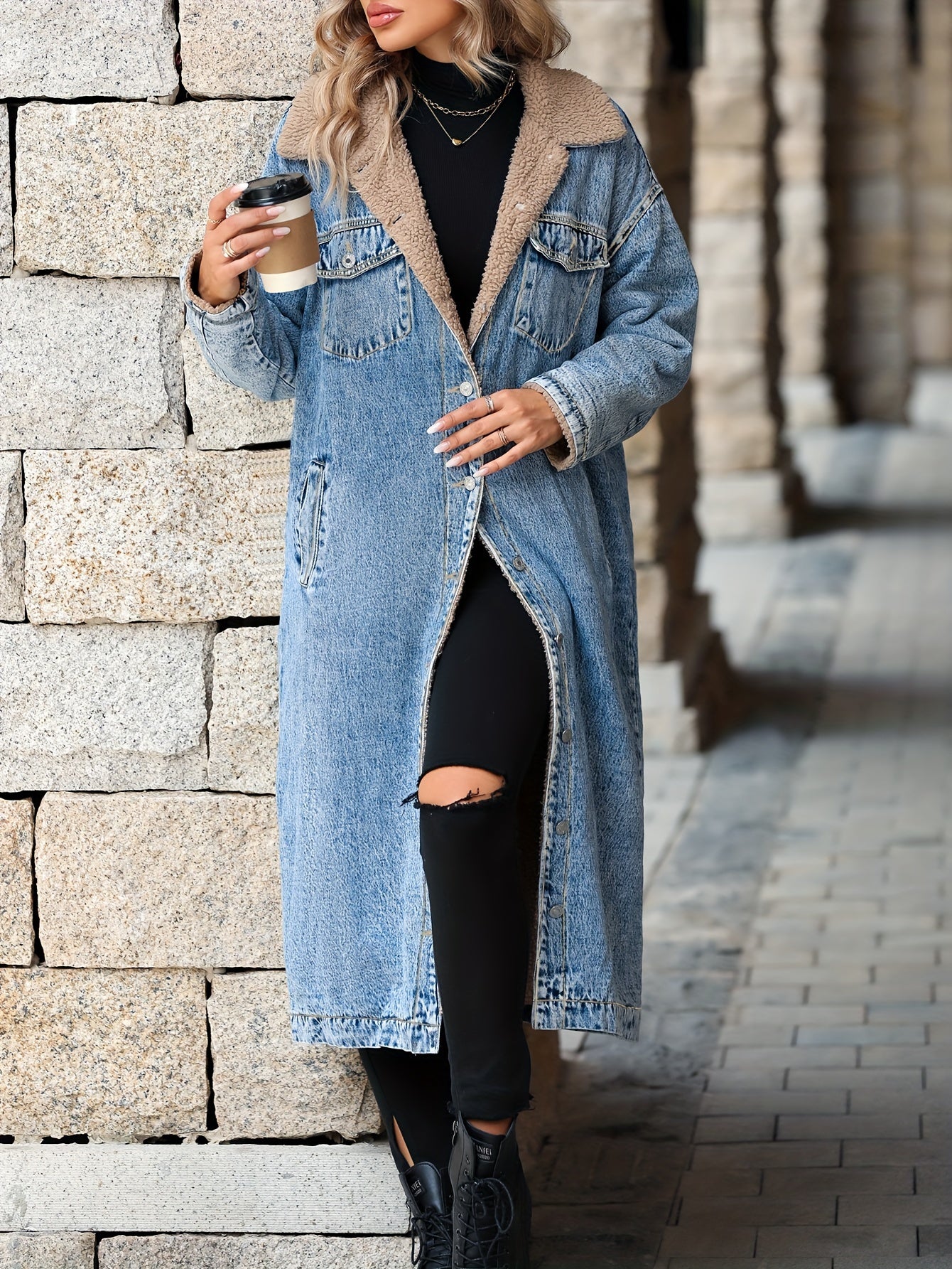  Casual Denim Jacket Women's Plus Solid Fleece Longline Denim