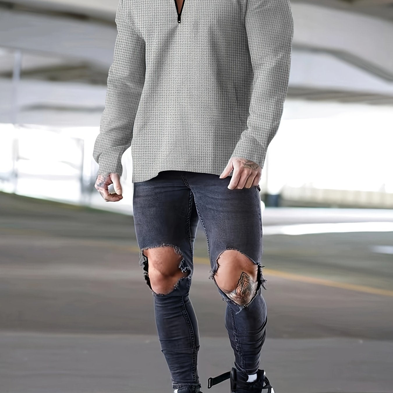 Waffle Pattern Sweatshirt Men's V Neck Pullover for Autumn Winter