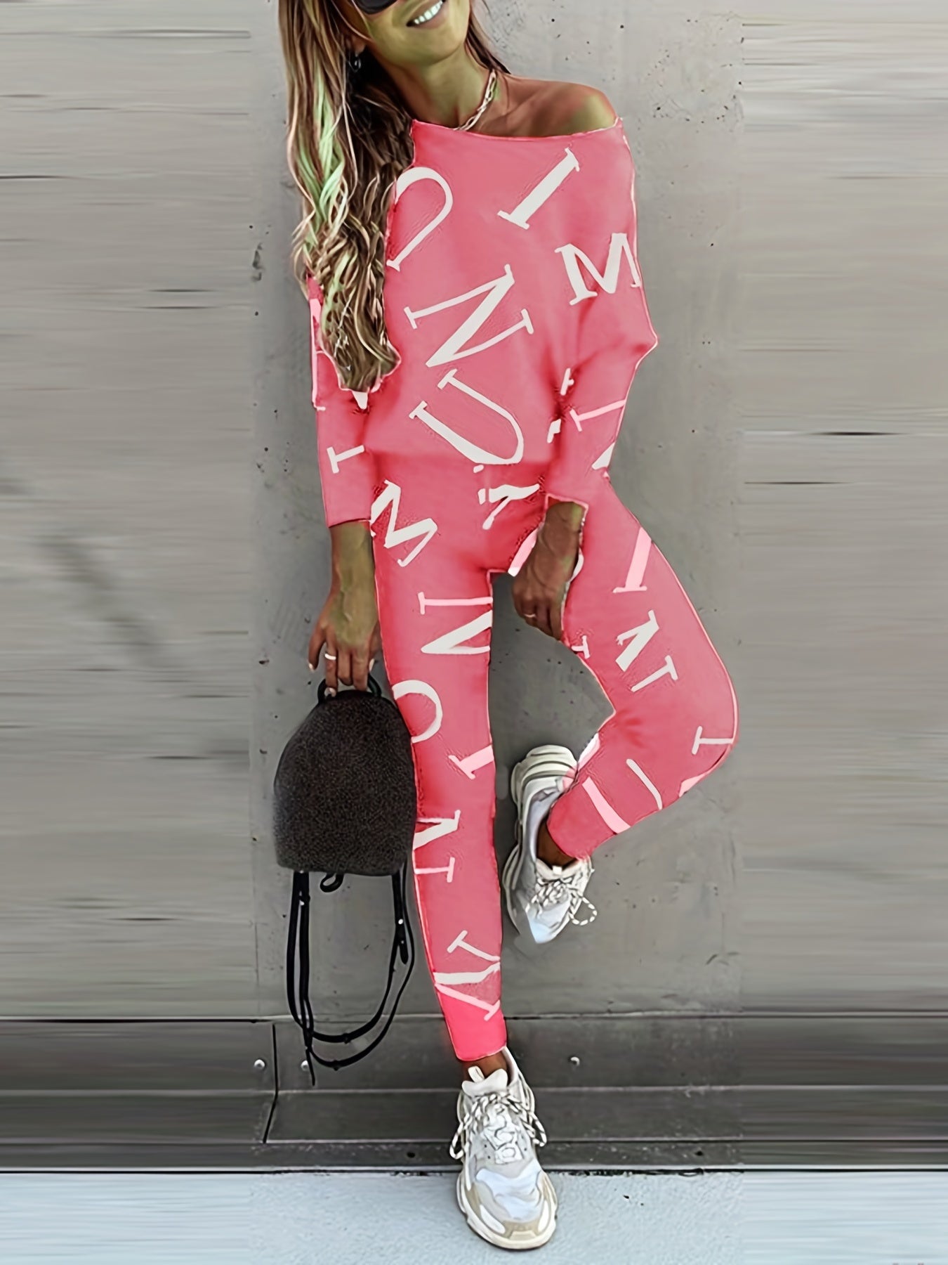 Casual Letter Print Two piece Set Crew Neck Long Sleeve Tops & Slim Pants