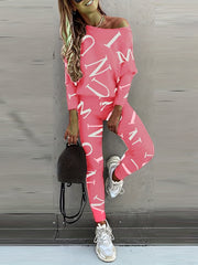 Casual Letter Print Two piece Set Crew Neck Long Sleeve Tops & Slim Pants