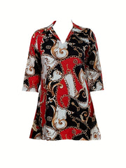  Women's Scarf Print V Neck A line Dress