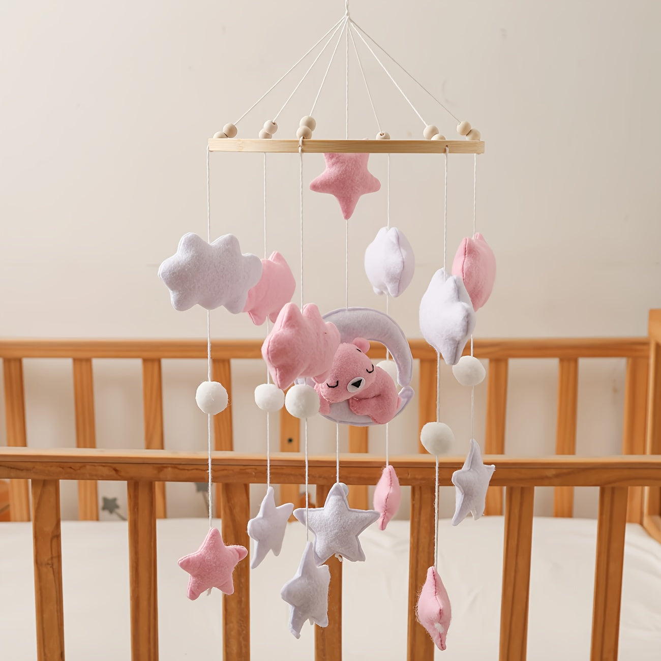 Multicolor Pink Bear Moon Mobile Handcrafted Toy for Cognitive Development