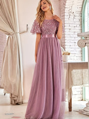 Mesh Contrast Maxi Party Dress Short Sleeve Crew Neck Evening Wear