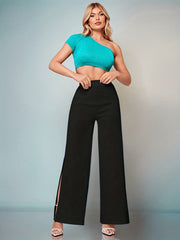  Pants Solid Elastic High Rise Flared Leg Trousers