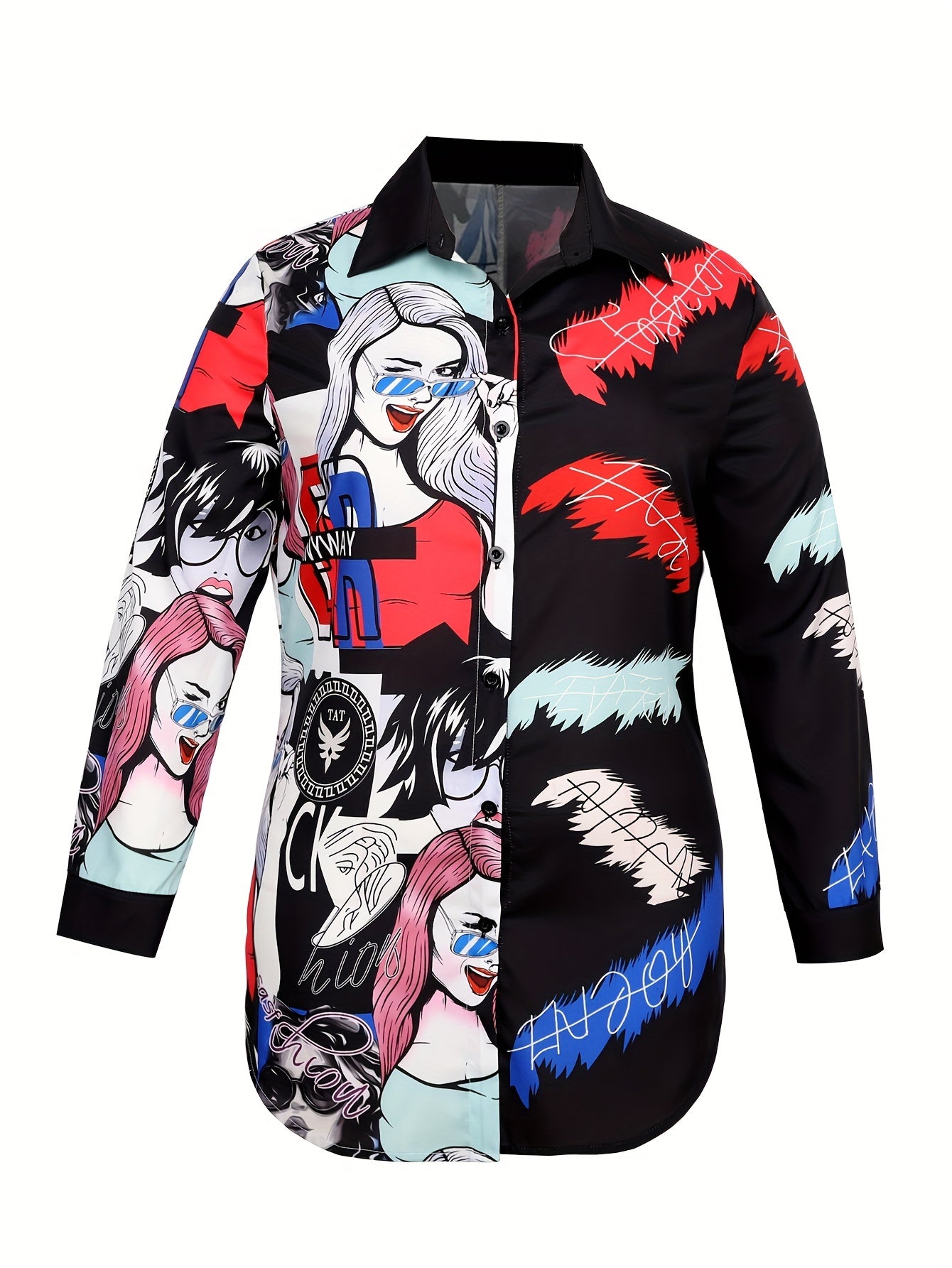  Pop Art Print Long Sleeve Button Up Shirt Top