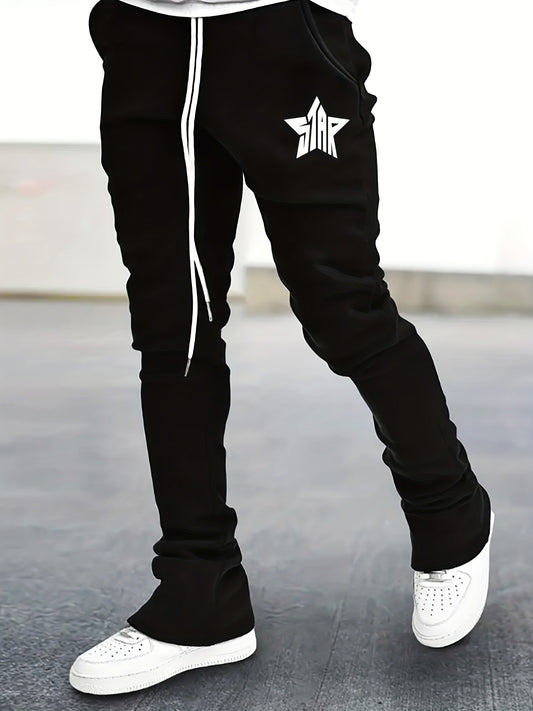 Star Pattern Comfy Flared Trousers Men's Casual Stretch Waist Drawstring Joggers