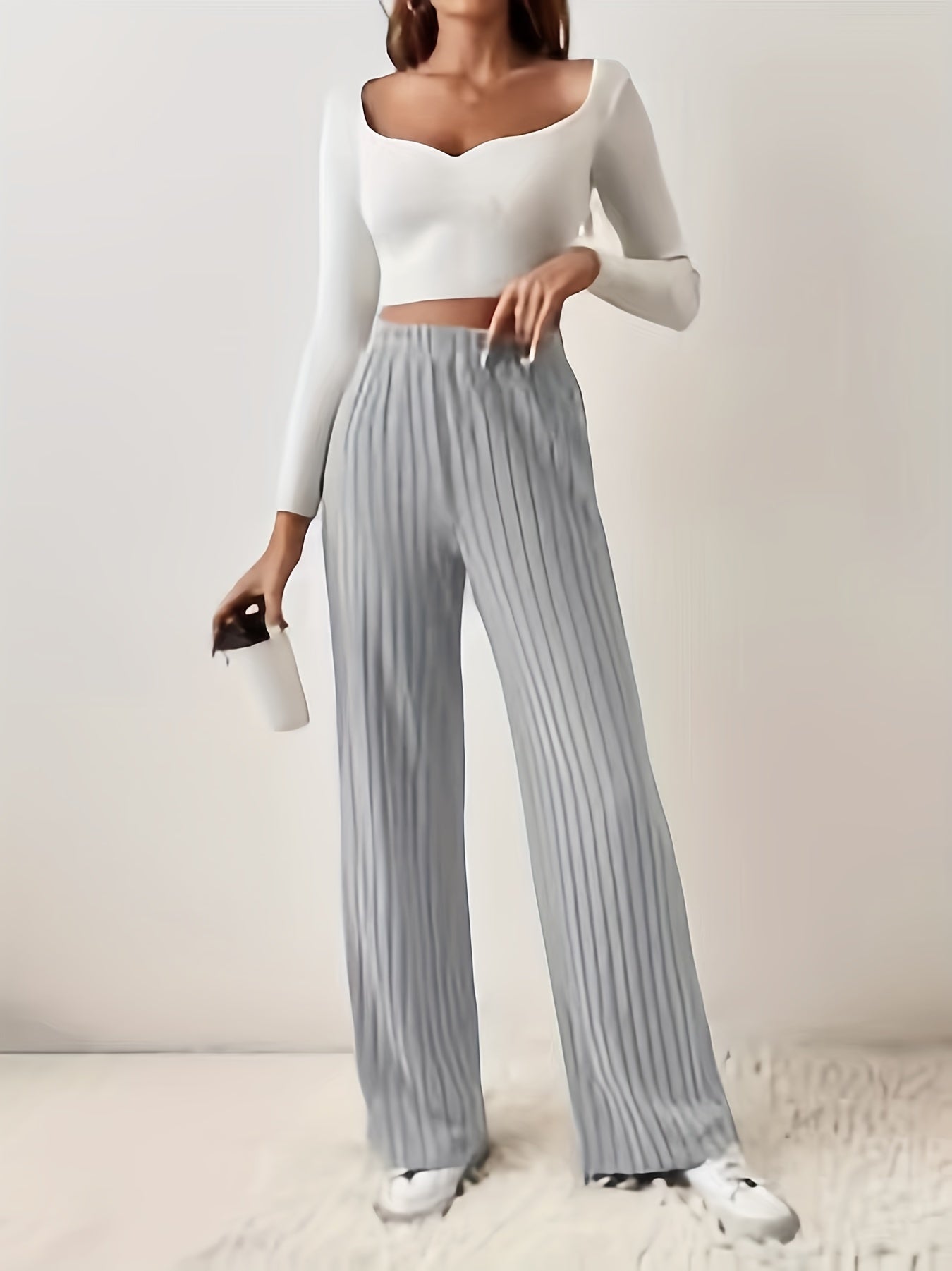  Solid Ribbed High Rise Straight Leg Trousers