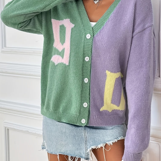 Letter Pattern Knit Cardigan Button Front Sweater
