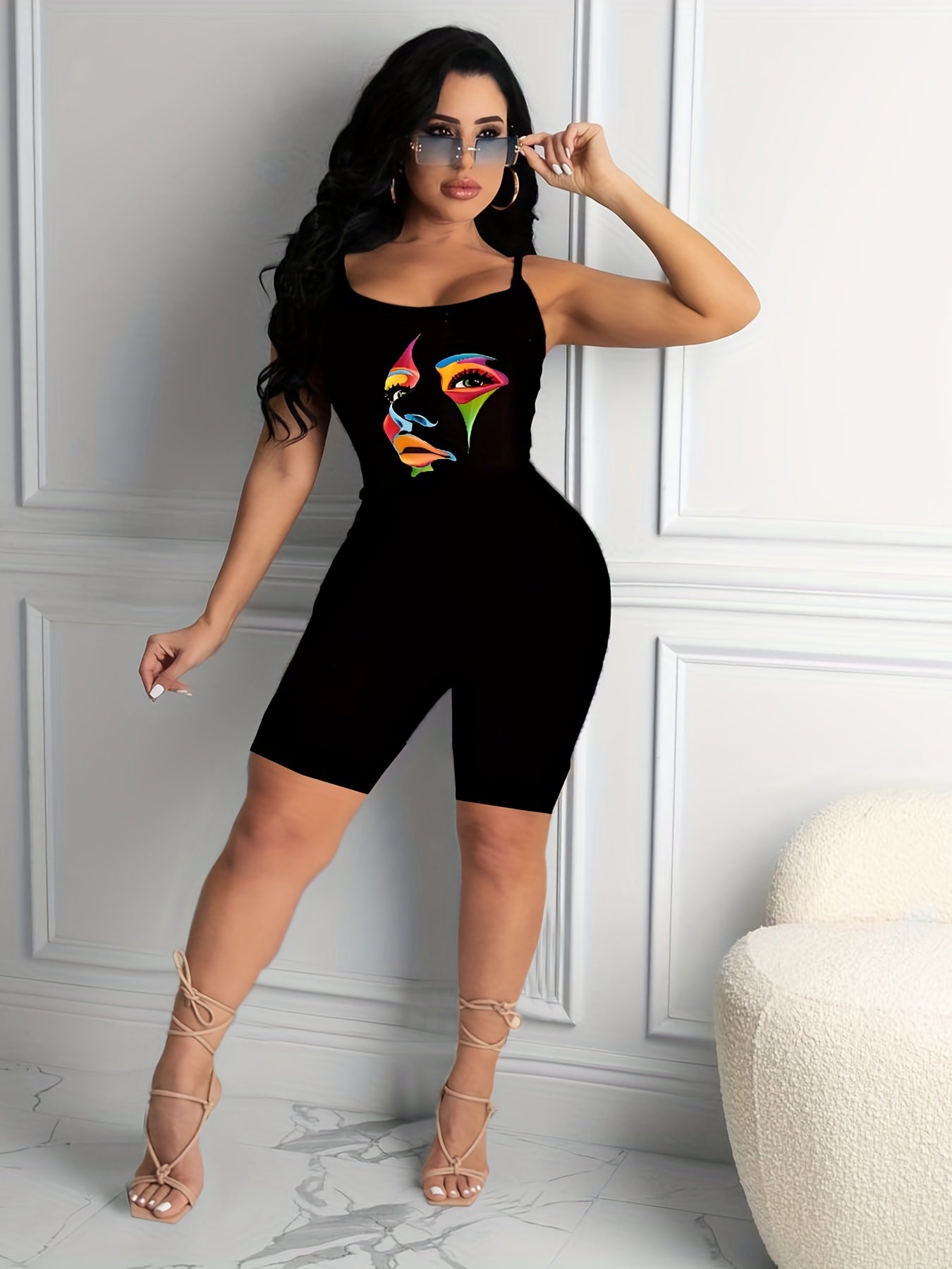 Print Spaghetti Strap Romper Jumpsuit Casual Sleeveless Slim Romper Jumpsuit