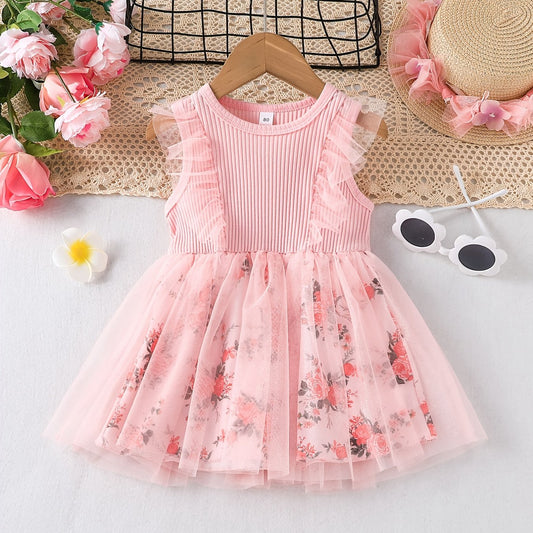 Girls Floral Sleeveless Mesh Dress