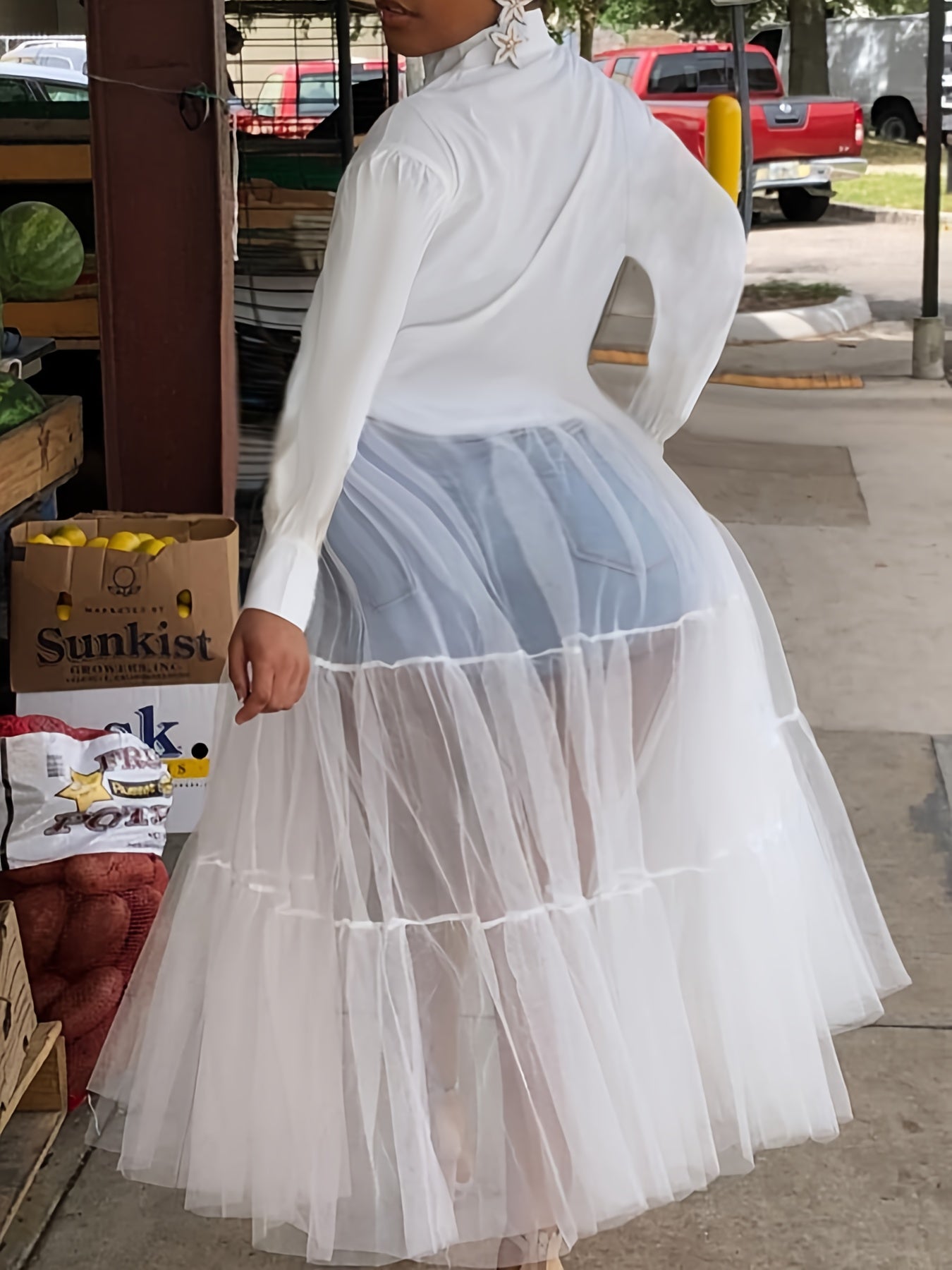  Solid Mesh Button Up Lantern Sleeve Smock Dress