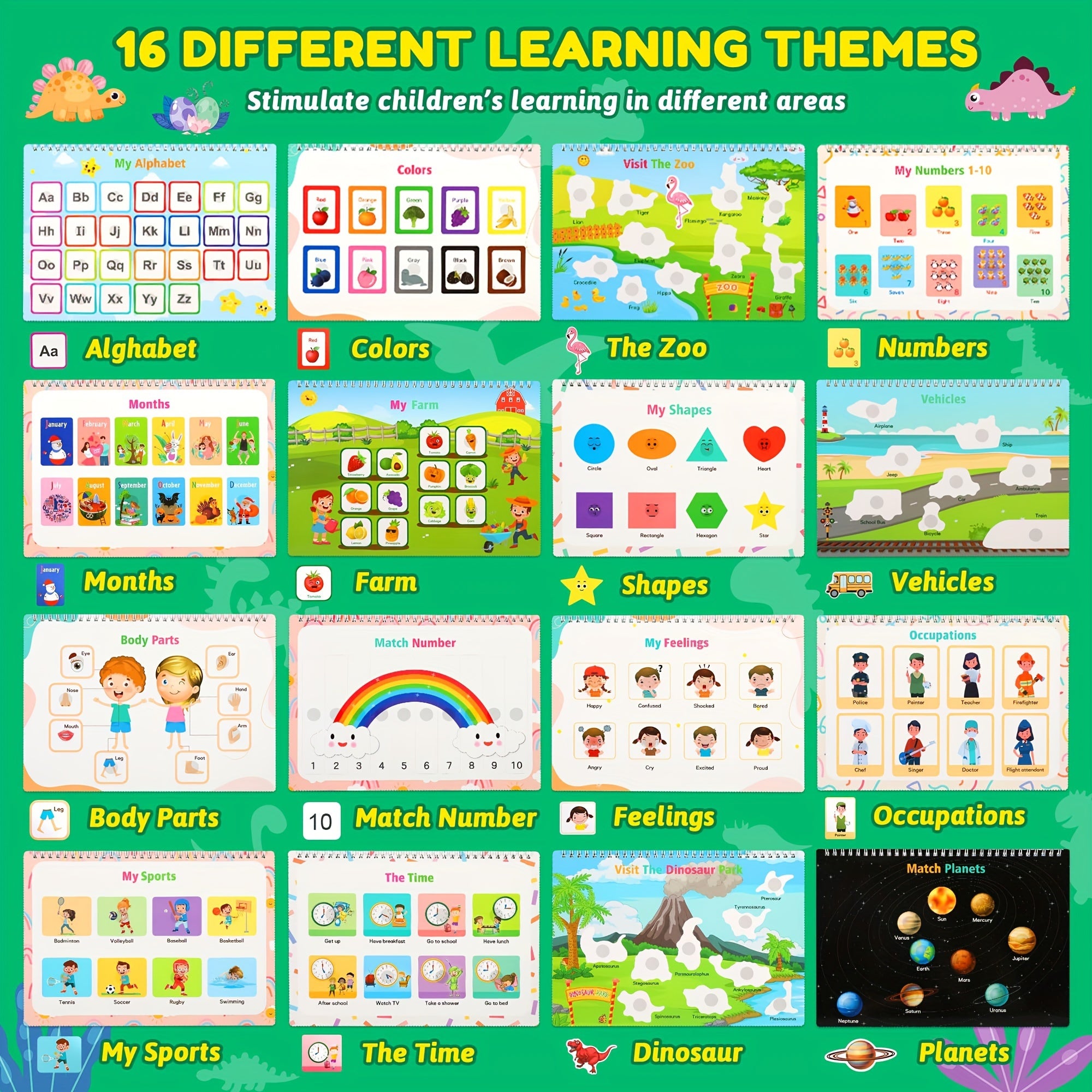 Dinosaur Themed Educational Busy Book with 32 Colorful Learning Activities