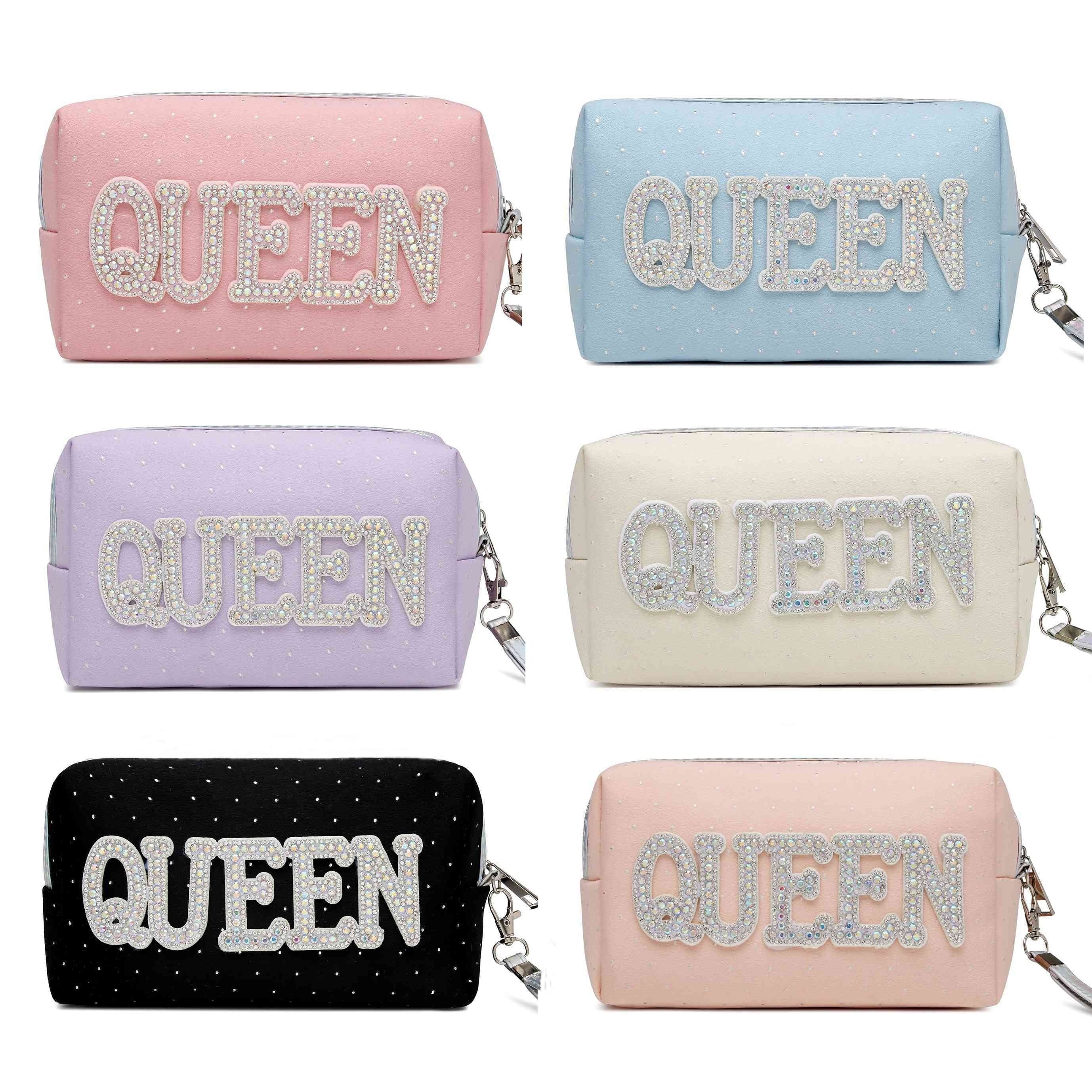 Queen Love Letter Cosmetic Toiletry Bag with Rhinestone Varsity Patches