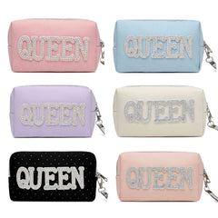 Queen Love Letter Cosmetic Toiletry Bag with Rhinestone Varsity Patches