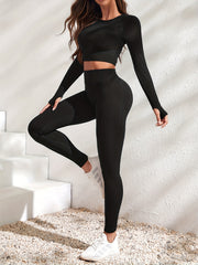 2pcs Long Sleeve Crop Top & High Waist Leggings Set Women's Activewear