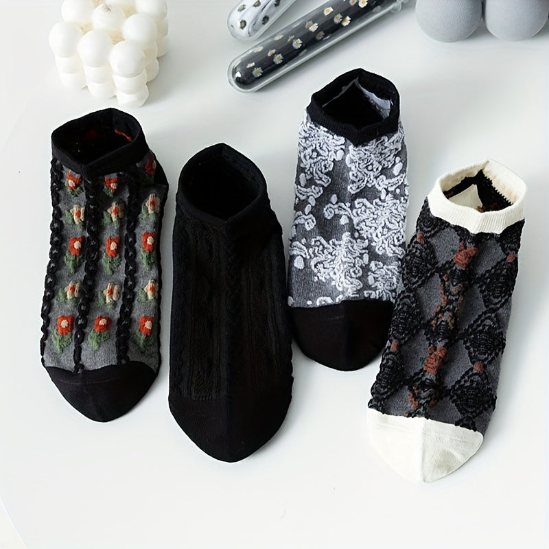 4 Pairs Floral Print Socks Retro Court Style Ankle Socks Women's Stockings