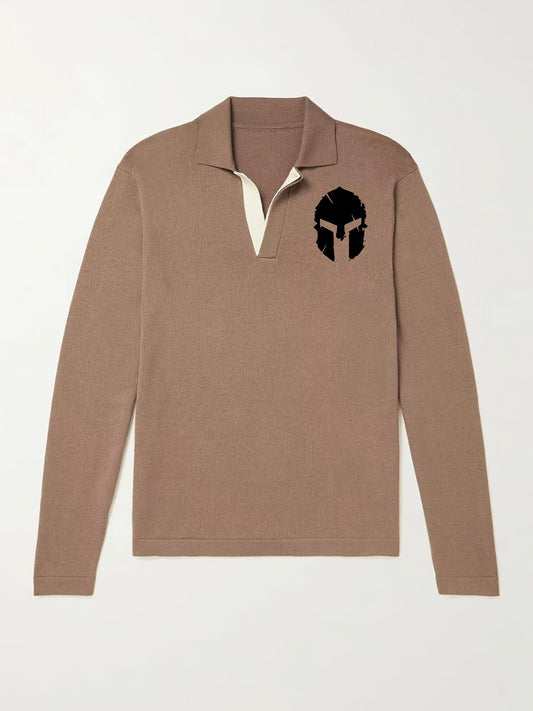 Warrior Helmet Pattern Knit Polo Shirt Men's Casual Lapel Sweater