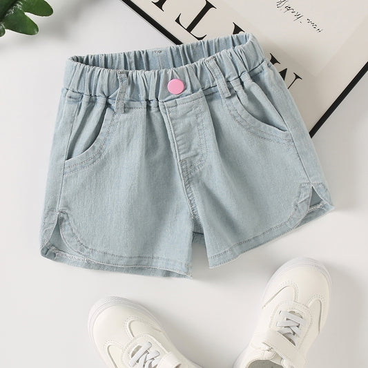 Toddler Girls Pink Button Denim Shorts Elastic Waist Slim Fit Jeans