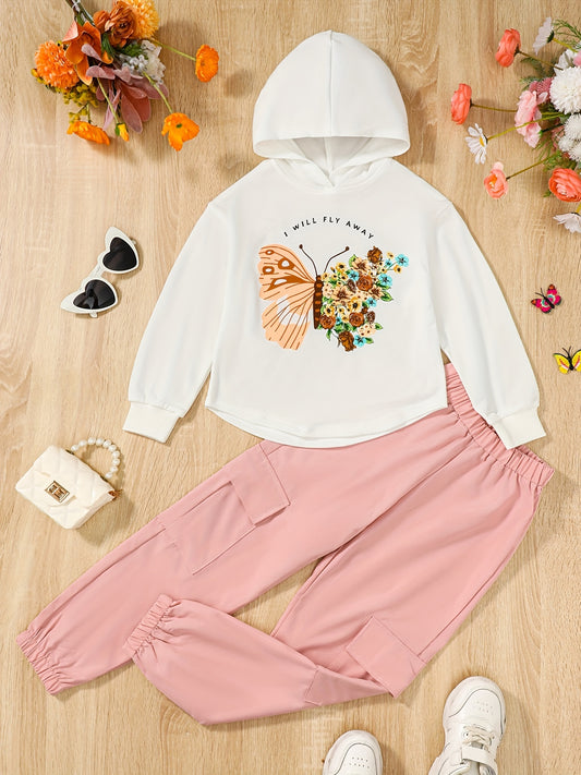 Girls Butterfly Print Hoodie Sweatshirt & Pants Set Spring Fall