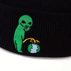 Alien Earth Embroidery Beanie Elastic Knit Hat Unisex Skull Cap