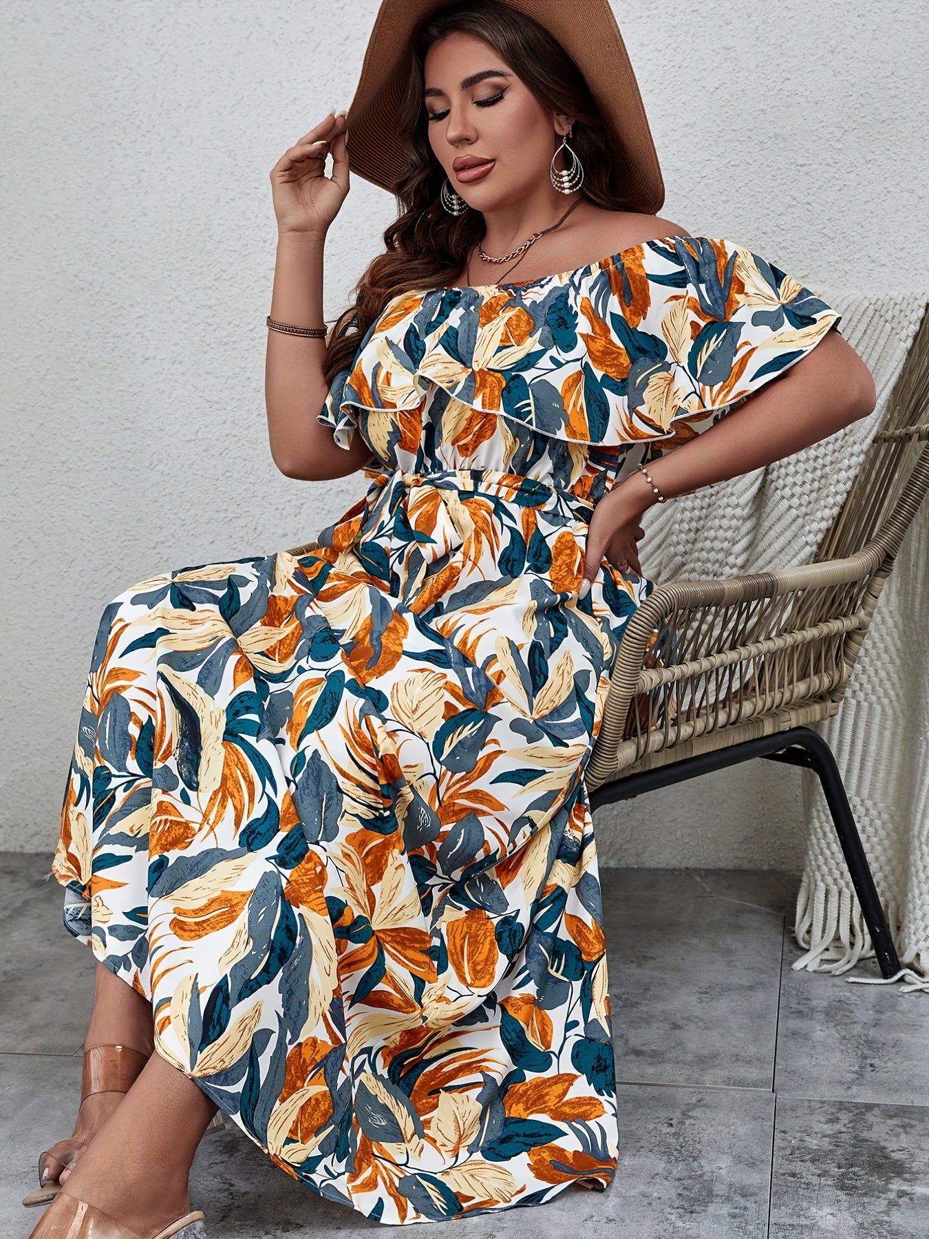  Tropical Print Off Shoulder Ruffle Maxi Dress