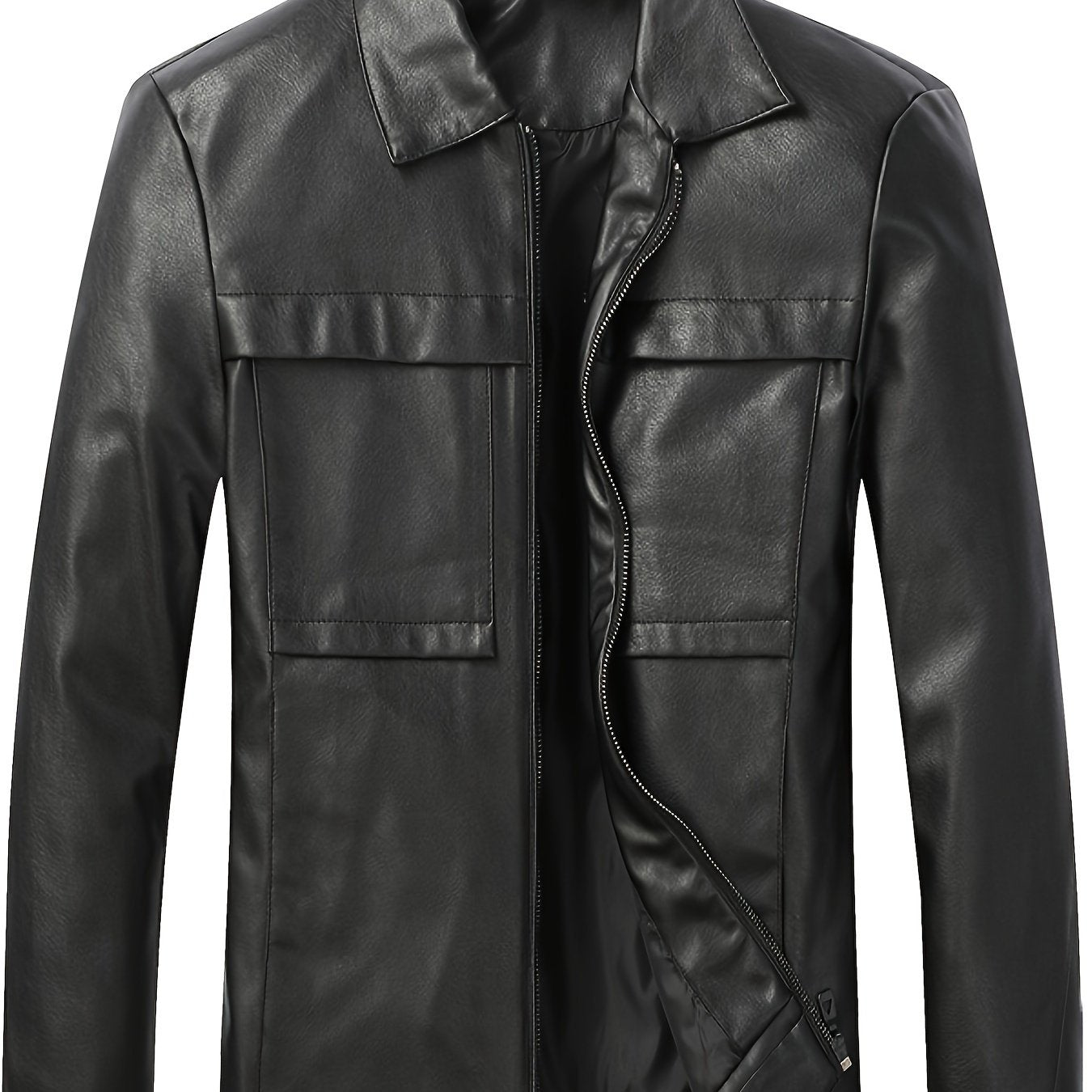 Men's Stylish PU Leather Jacket Casual Zip Up Long Sleeve Jacket