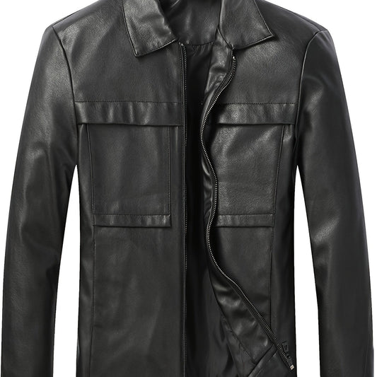 Men's Stylish PU Leather Jacket Casual Zip Up Long Sleeve Jacket