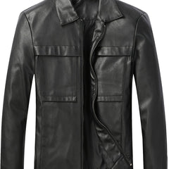 Men's Stylish PU Leather Jacket Casual Zip Up Long Sleeve Jacket