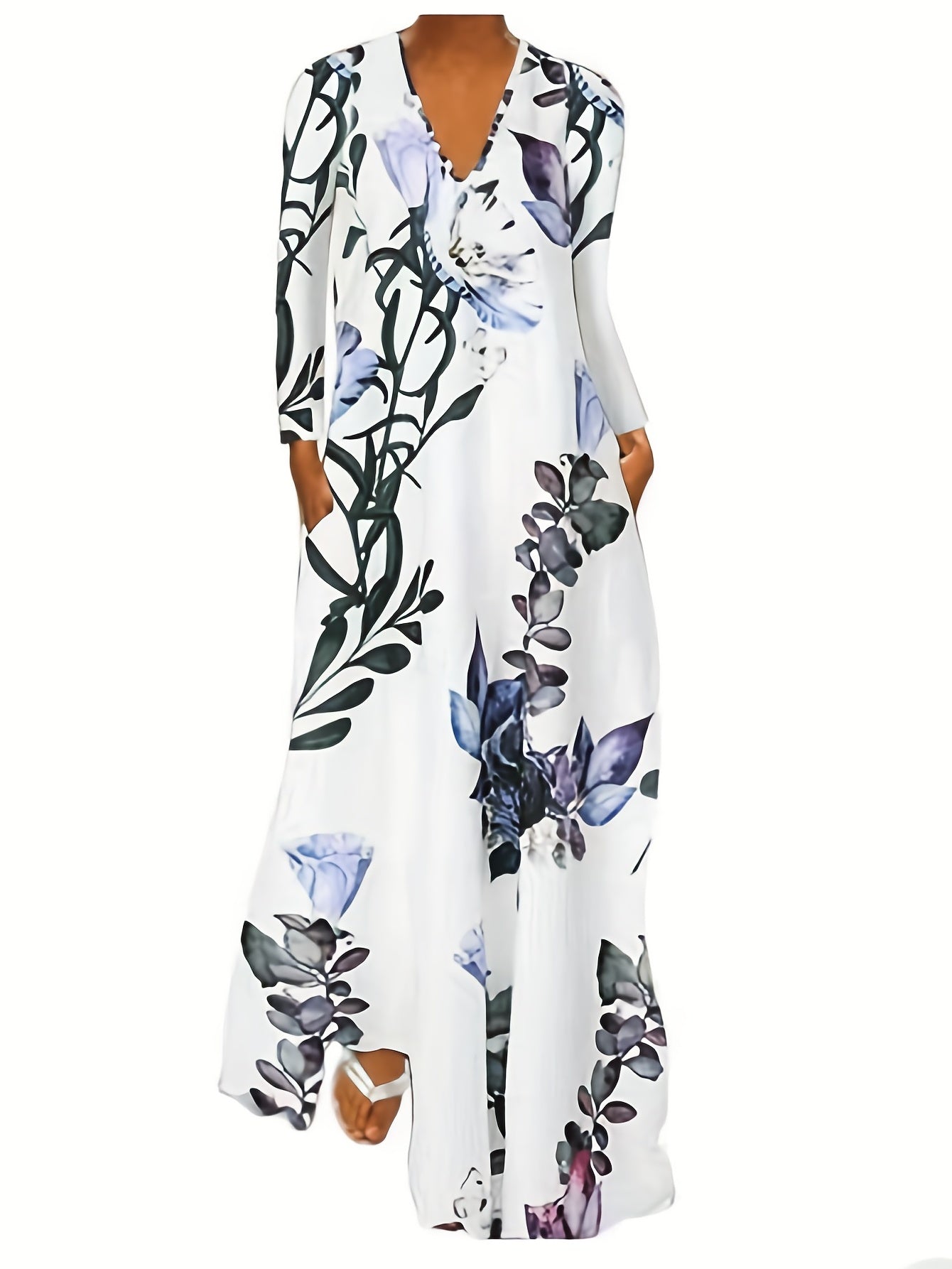  Women's Floral Maxi Dress V Neck Long Sleeve Pockets