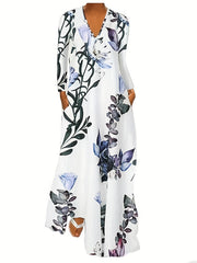  Women's Floral Maxi Dress V Neck Long Sleeve Pockets