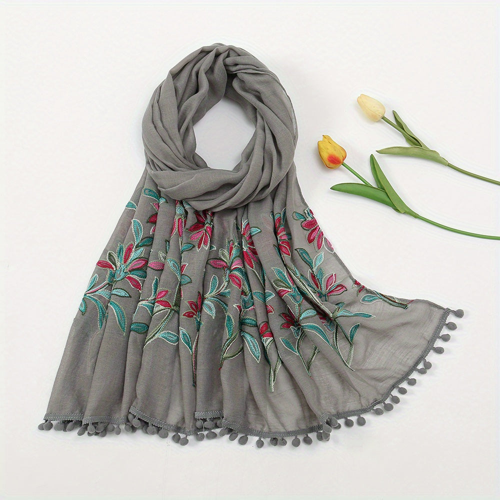 Leaf Embroidery Vintage Scarf Boho Tassel Shawl Solid Windproof Warm Wraps