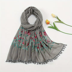 Leaf Embroidery Vintage Scarf Boho Tassel Shawl Solid Windproof Warm Wraps