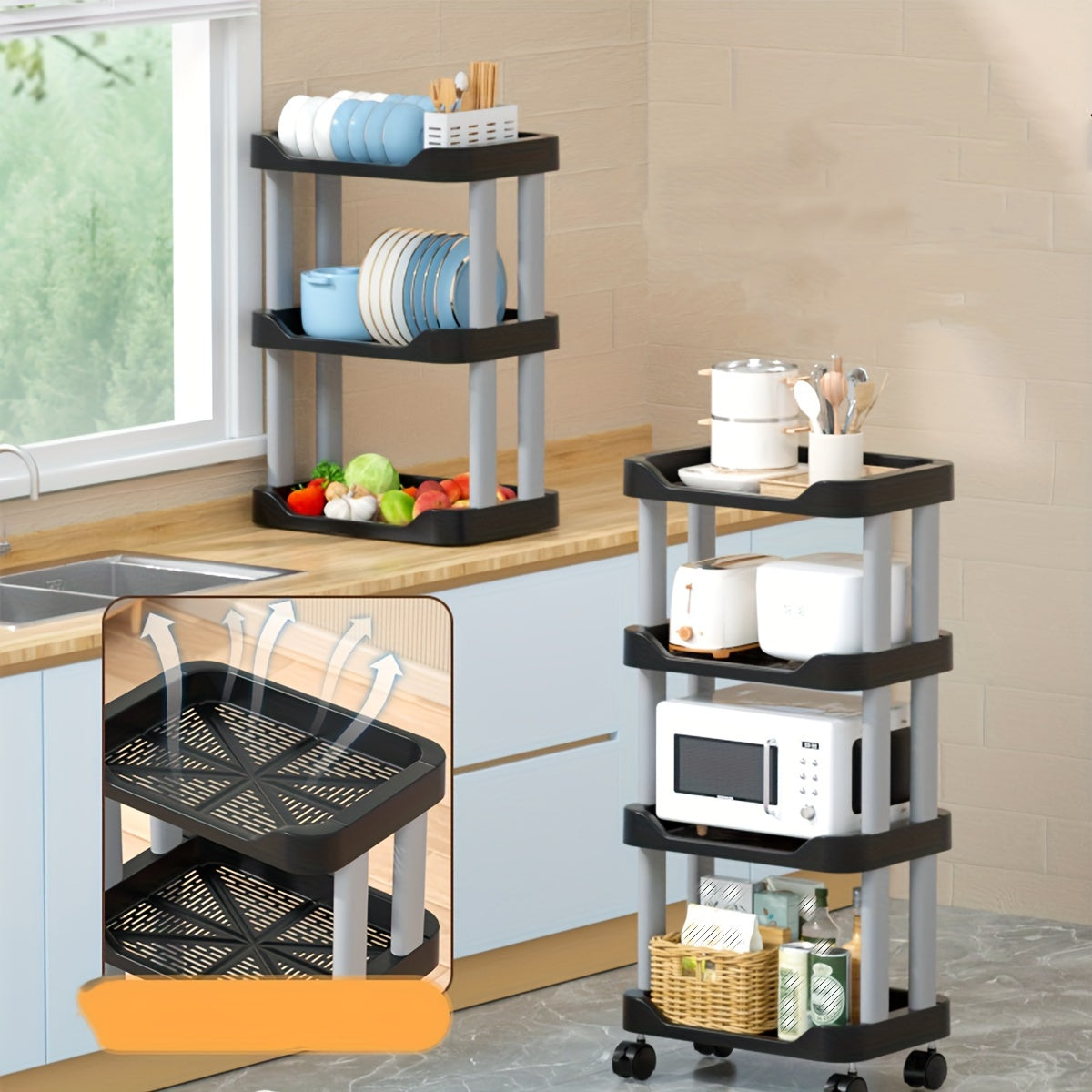 1pc 3 4 Tier Utility Cart Rolling Organization Cart With Wheels