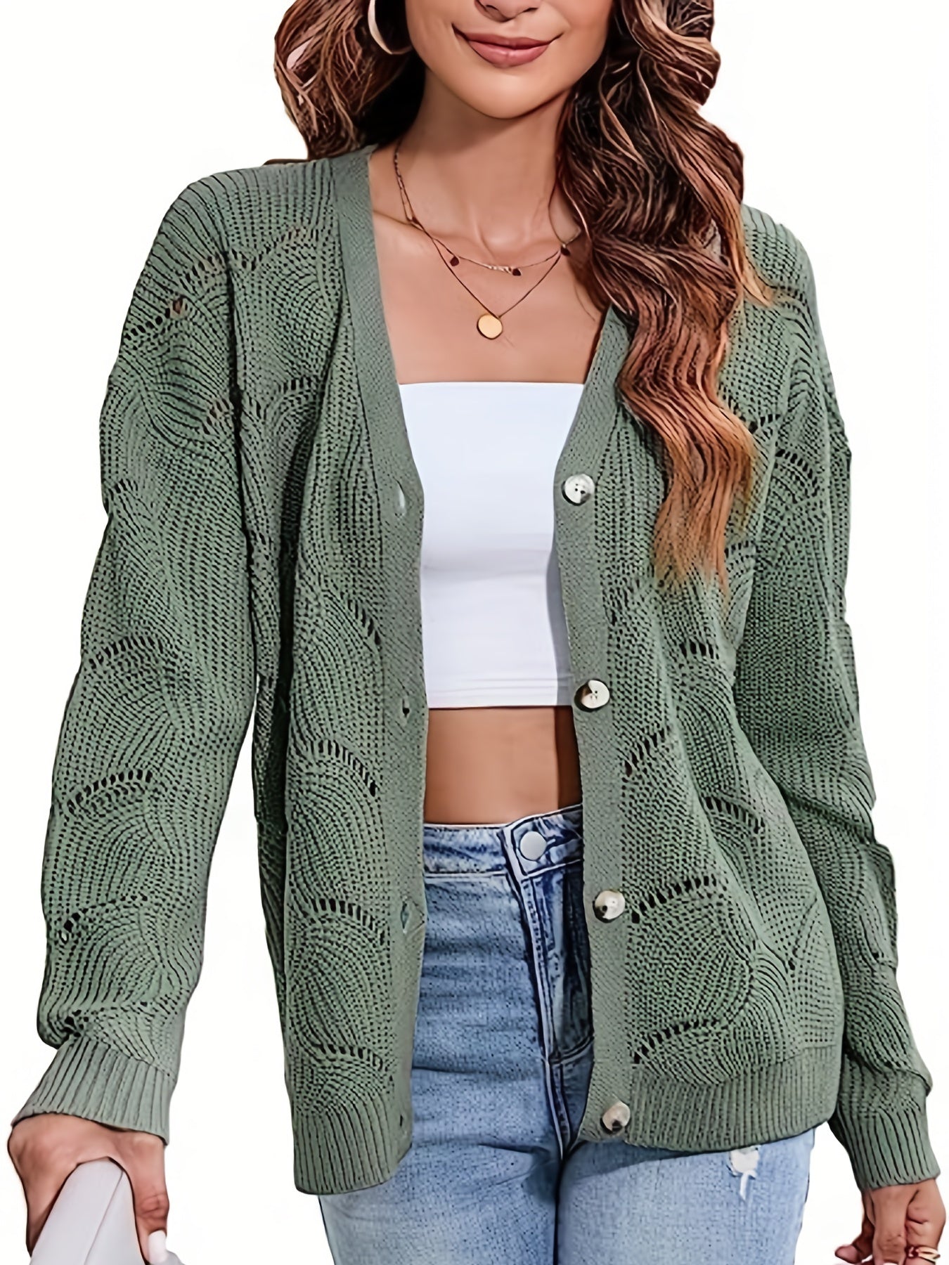 Hollow Button Front Knit Cardigan V Neck Sweater