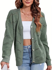 Hollow Button Front Knit Cardigan V Neck Sweater