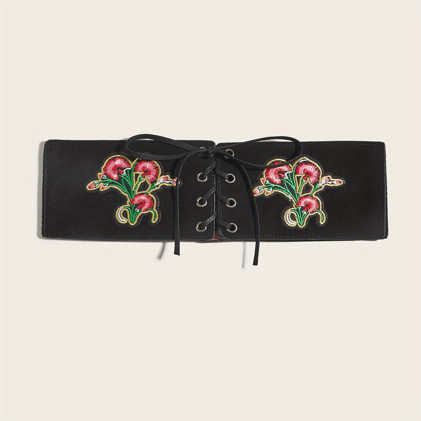 Vintage Flower Embroidery Wide Belt Lace Up Elastic Waistband