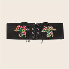 Vintage Flower Embroidery Wide Belt Lace Up Elastic Waistband