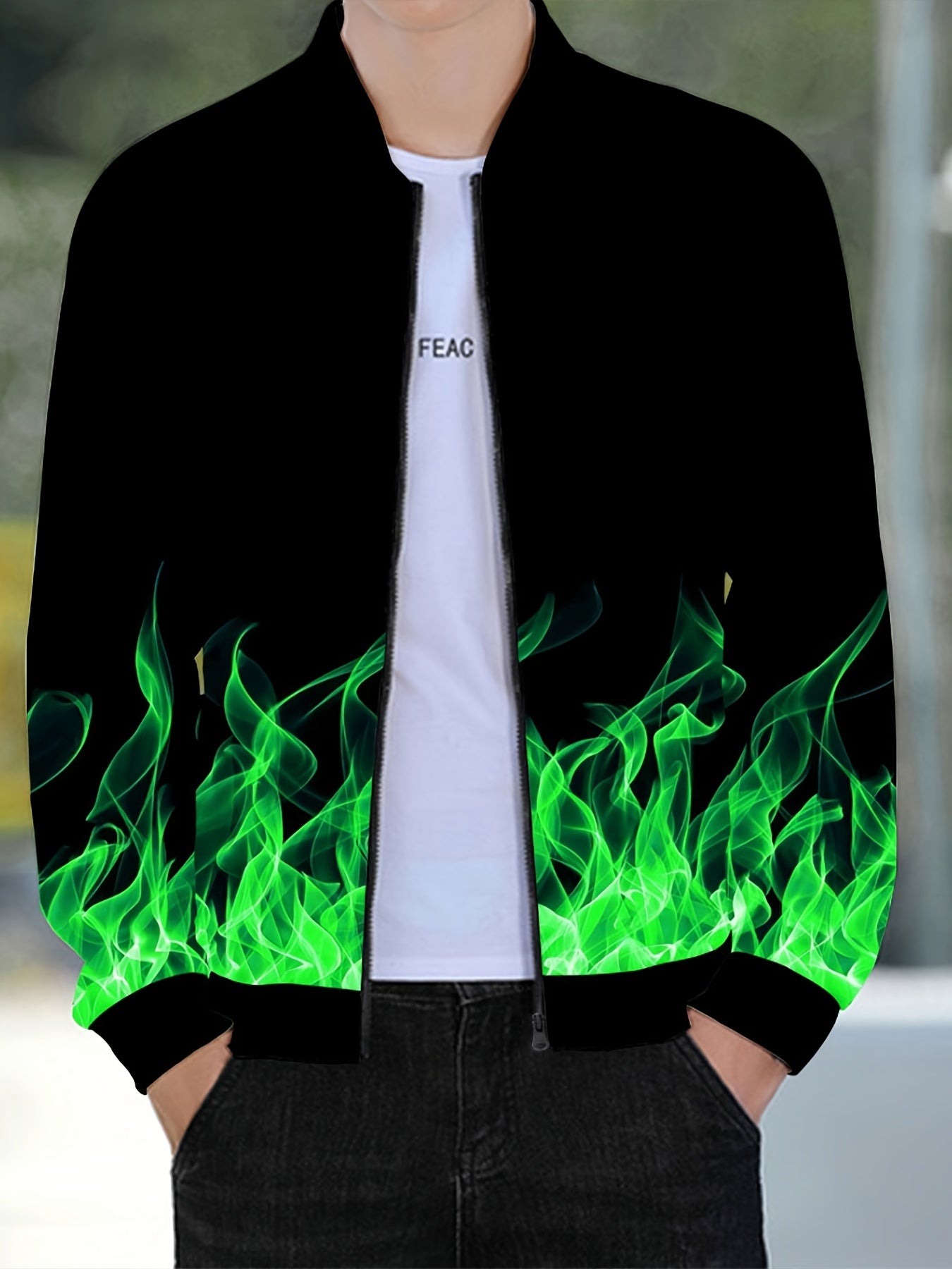 Men's Flame Pattern Zip Up Varsity Jacket