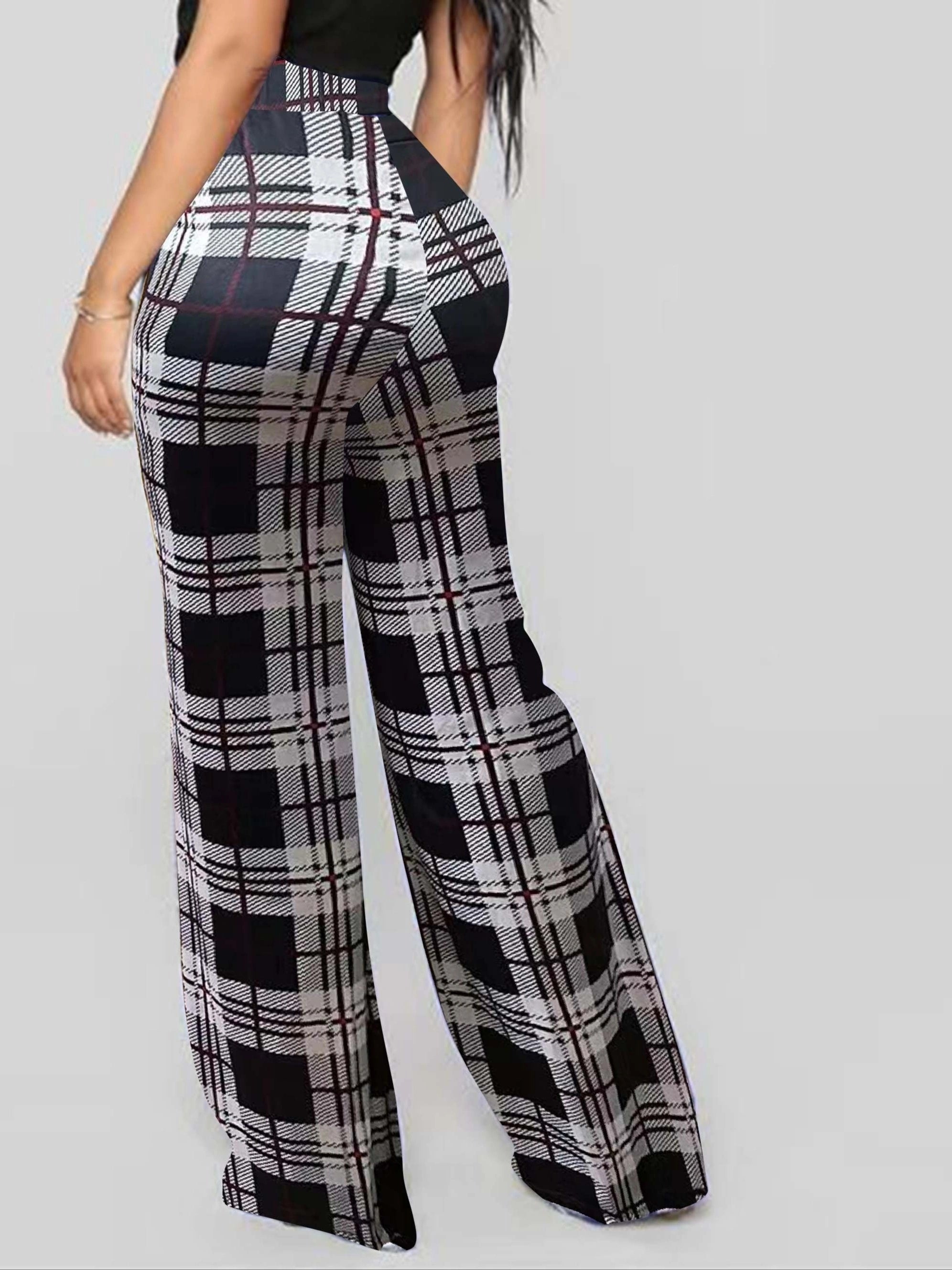  Plaid Print High Rise Wide Leg Trousers