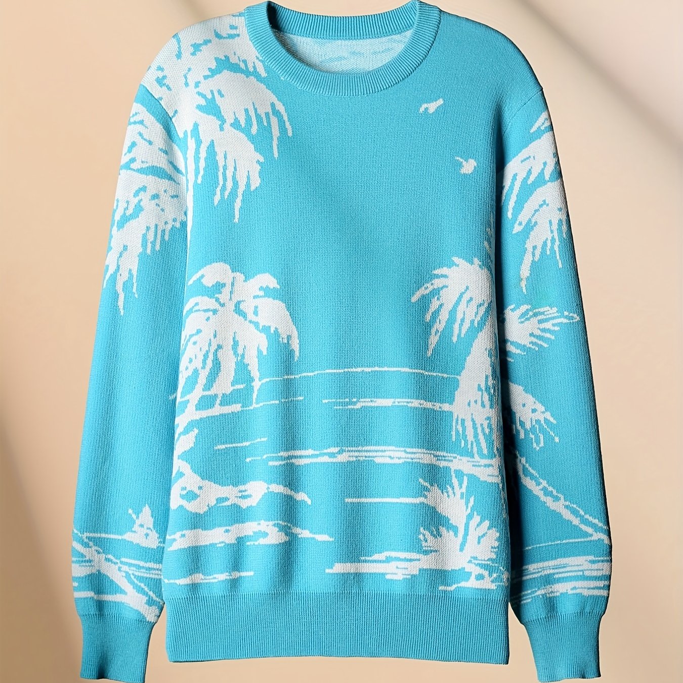 Coconut Tree Pattern Knitted Sweater Men's Casual Warm Crew Neck Pullover