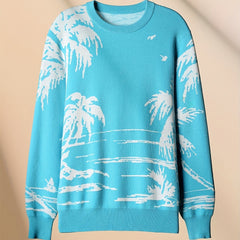 Coconut Tree Pattern Knitted Sweater Men's Casual Warm Crew Neck Pullover