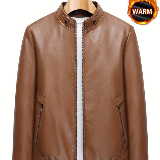 Men's Retro Biker Jacket Stand Collar Zip Up Warm Coat