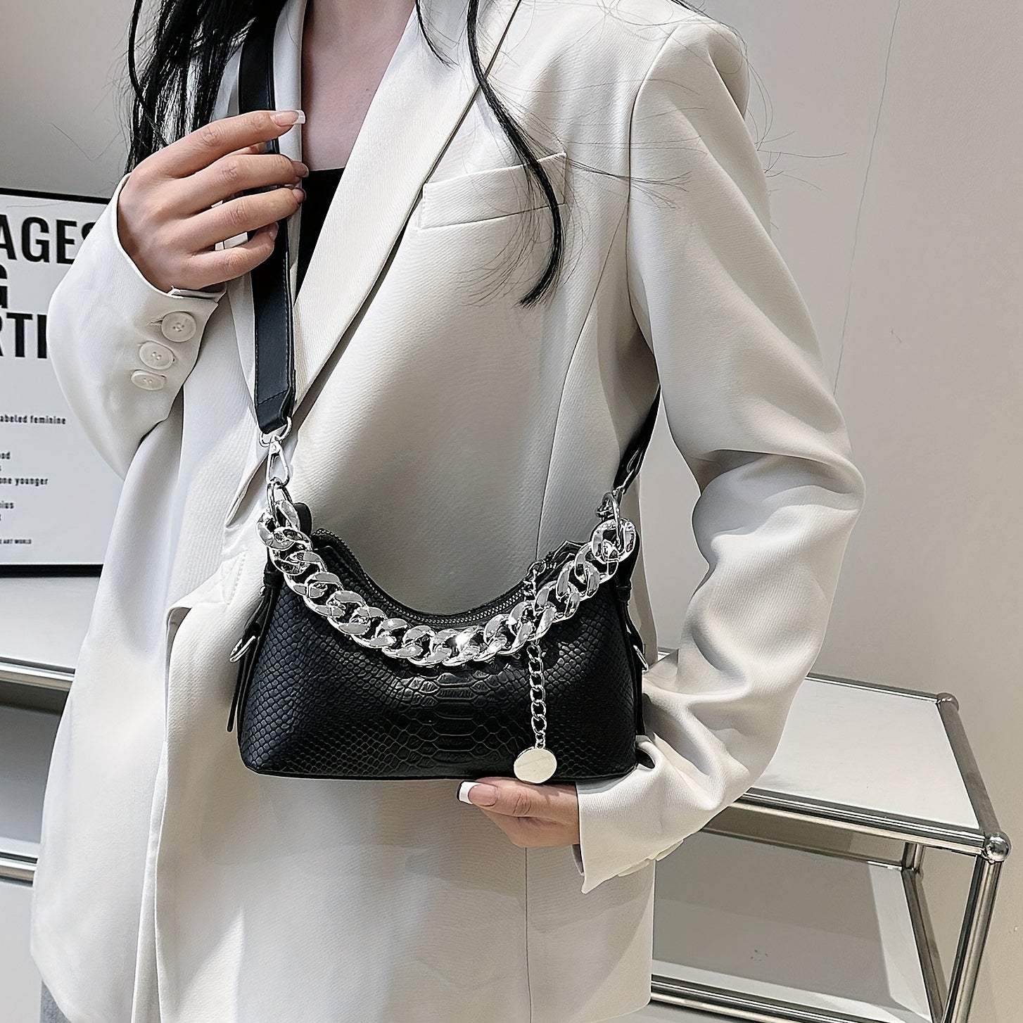 Y2K Chain Baguette Bag Crocodile Embossed Handbag Women's Small Crossbody Purse