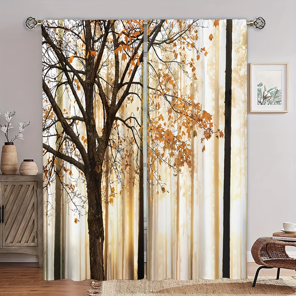 Autumn Maple Leaf Printed Curtains Rod Pocket Polyester Material