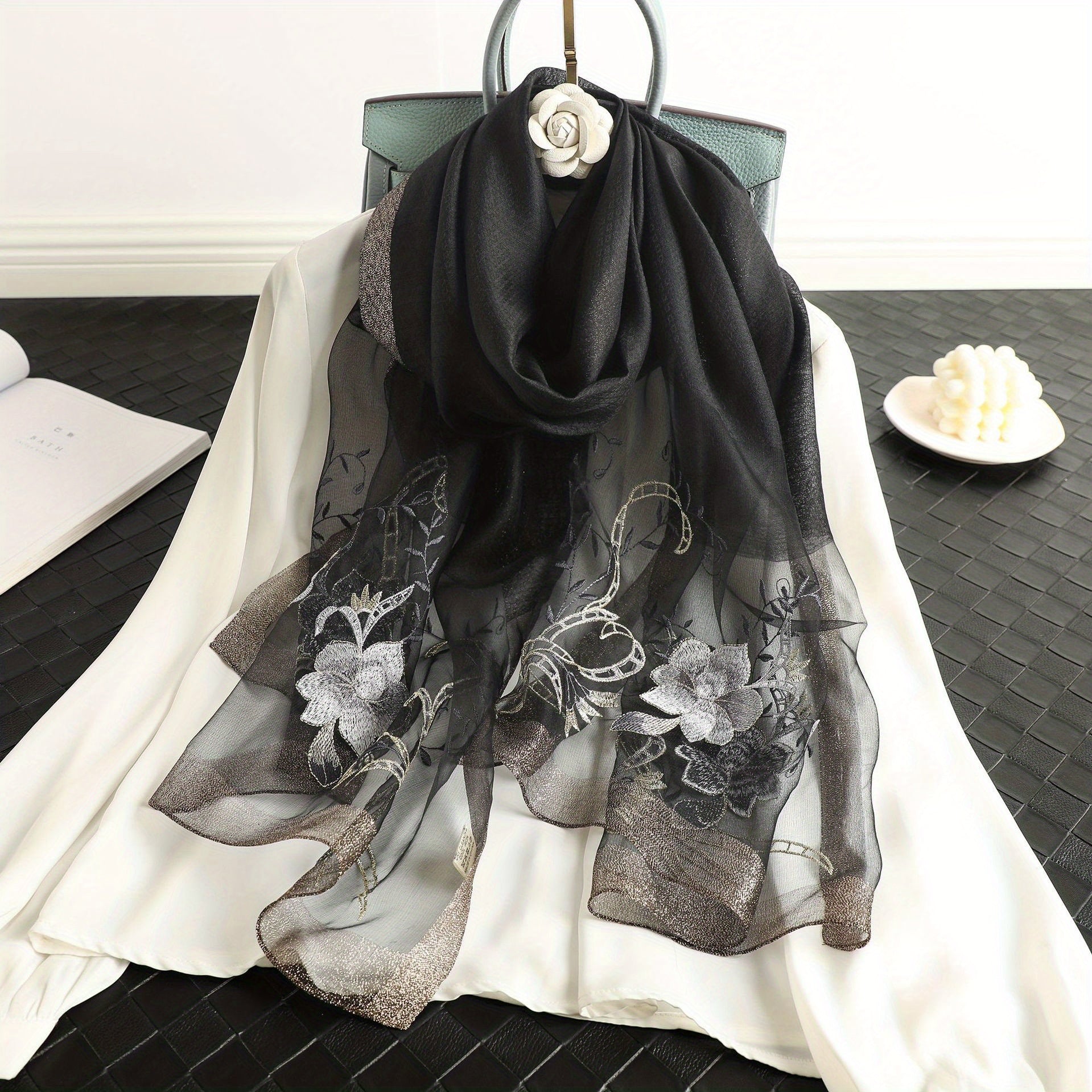 Flower Embroidery Silk Blend Scarf Solid Shawl Breathable Windproof Head Wrap