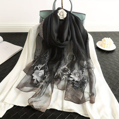 Flower Embroidery Silk Blend Scarf Solid Shawl Breathable Windproof Head Wrap
